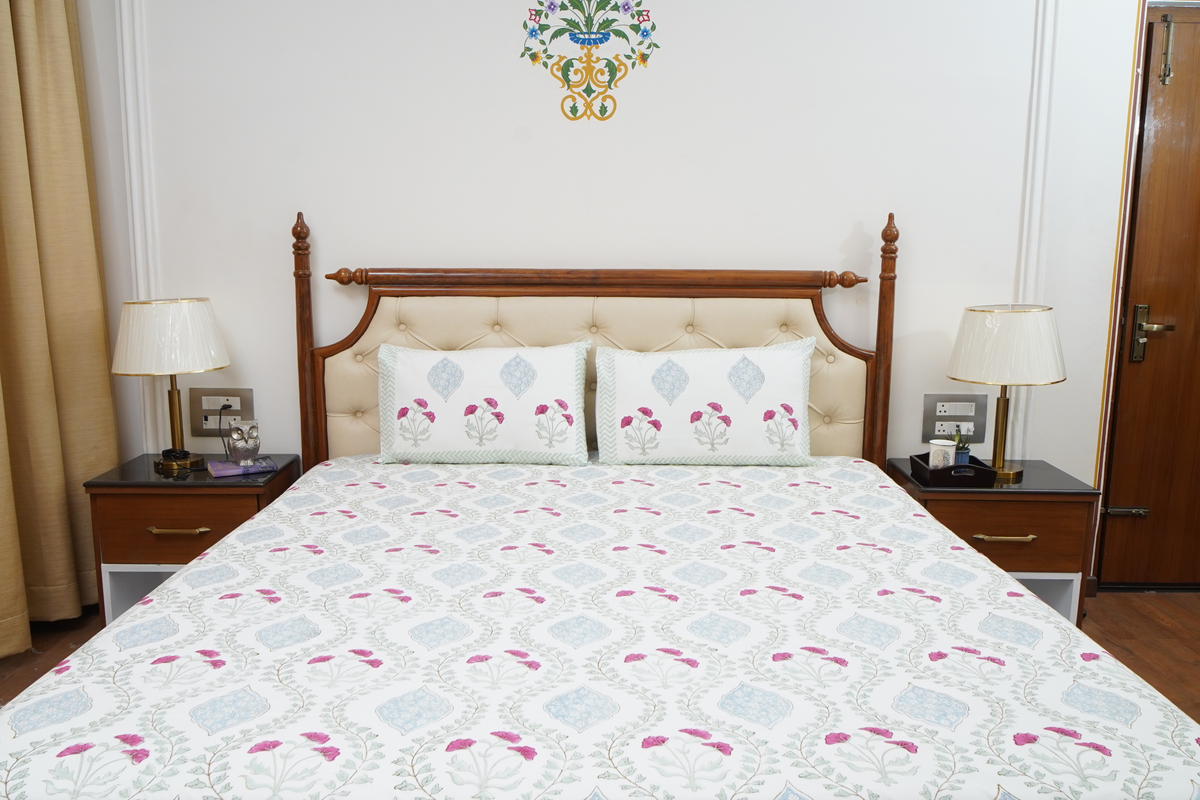 ANJANA HAND BLOCK PRINTED BEDSHEET WITH TWO REVERSIBLE PILLOW COVERS
  
  
