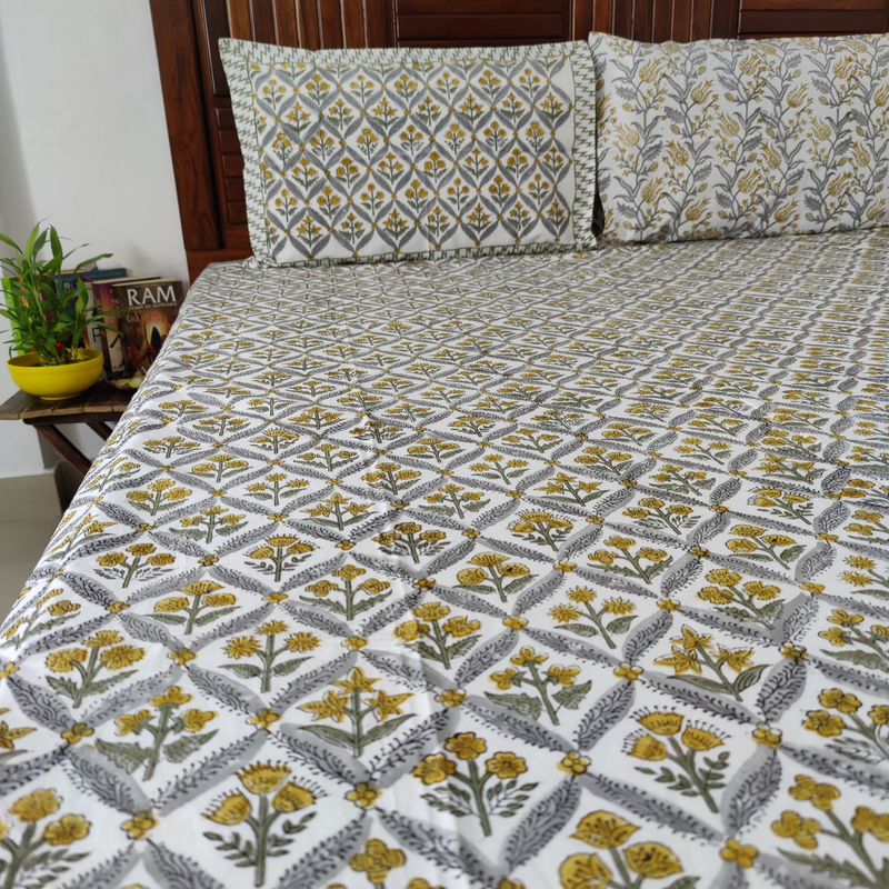 MISTY MUSTARD - Hand Block Printed Bedsheet with 2 Reversible Pillow Covers